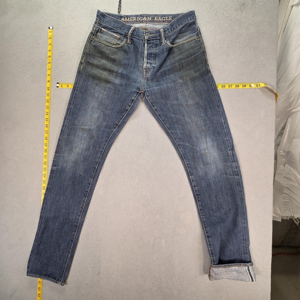 American Eagle Jeans‎ Mens Selvedge Blue Med Wash Skinny Whiskers Fits 30x32